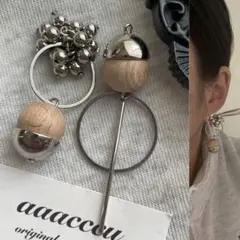 ▫︎▪︎22025▪︎▫︎ウッド×シルバーアシンメトリーピアス/aaacccu