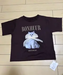 GRL BONHEUR 猫プリントTシャツ 半袖ライトグレー
