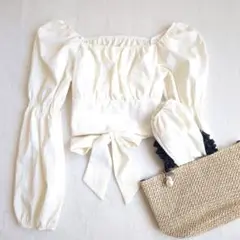 タグ付ほぼ美品✨スピーガ◇オフショルブラウス パフスリーブ バックリボン 清楚