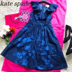 【良品】kate spade 膝丈フレアドレス ネイビー 花柄 フリル サイズ0