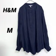 H&M ノーカラー シャツ ブラウス【M】ネイビー ブラック 濃紺