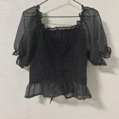 シアーブラックトップス 半袖 パフスリーブ