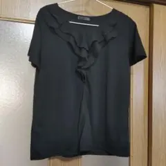 A/Au フリル付きブラックTシャツ　薄手　半袖　レディース　LL