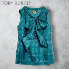 【TORY BURCH】　シルク ボウタイブラウス ノースリーブ ロゴ刺繍　緑
