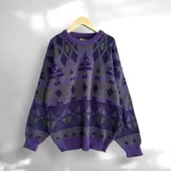 【レトロ古着】幾何学柄 総柄デザインニット 紫 パープル 90s オーバーサイズ