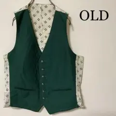 好配色グリーン!OLD グリーン レトロベスト ジレ 背面総柄デザイン モード