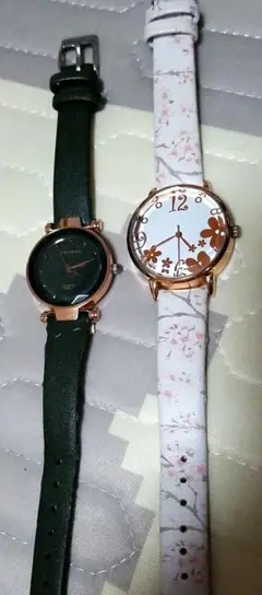 花柄アナログ時計 ホワイト/ピンク モスグリーンの時計セット ジャンク品
