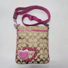 26日正午掲載終了 COACH ショルダーバッグ シグネチャー カーキ/ピンク