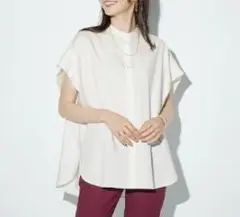 （未使用）PLST/プラステ　ストレッチツイルバンドカラーシャツ　半袖　白