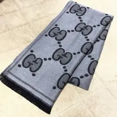 【美品】GUCCI 大判マフラー GG柄 ジャガード ウール100% グレー