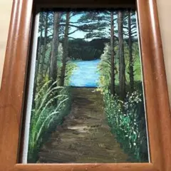 静かな湖と森の小道　水彩画　絵手紙　原画