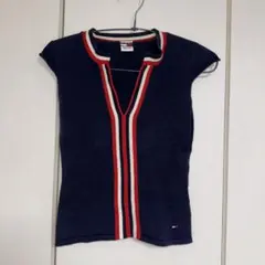 tommy jeans ネイビー Vネック 半袖ニット