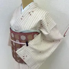 未使用 正絹 染め 紬 花びら柄 洒落袋帯 ドット柄 着物帯セット
