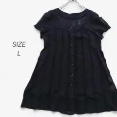 a1629▶トップス　ブラウス　半袖　ブラック　Aライン　透け感　可愛い【L】