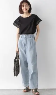 グローバルワーク ハイウエスト タックワイドパンツ M アイボリー