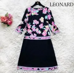 ♡美品 レオナール♡ ワンピース カンカン 花柄 トリム ピンク×黒