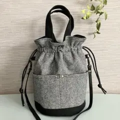 巾着型ハンド&ショルダーバッグ　ツイード×黒帆布
