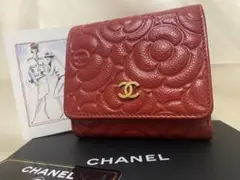 新年特価⭐︎ CHANEL カメリア キャビアスキン 3つ折り財布 レッド 美品
