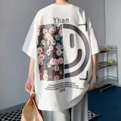 ニコちゃん フラワー メンズ 半袖 Tシャツ 韓国 ストリート ホワイト