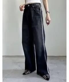 Re:EDIT リエディ コットンデニムサイドラインワイドストレートパンツ