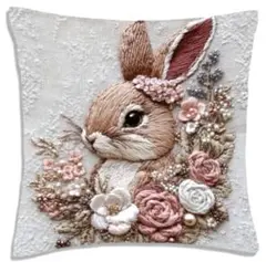 ウサギと花の刺繍クッションカバー②