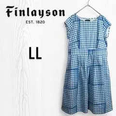 【美品】フィンレイソン チェック柄フレンチスリーブ ワンピース ゴム 北欧 LL