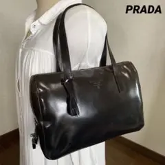 ◇ PRADA プラダ レザートートバッグ ダークブラウン 鍵付き ◇