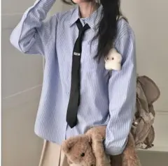 【新品】ボウタイ付ストライプオーバーシャツ スカイブルー