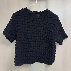 ワッフル生地の黒いモコモコ立体的テクスチャーのトップス　XLサイズ