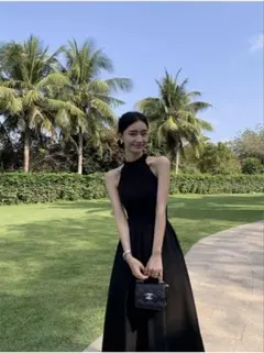 春セクシー×ホルターネックロングワンピース女子会デート用Aラインスカート