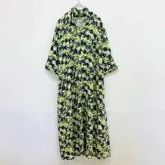 美品 イヴァナヘルシンキ リネンブレンド 総柄 ワンピース 【L】 グリーン系