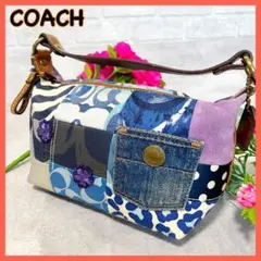 美品 COACH パッチワーク ミニトートバッグ ブルー系 シグネチャー