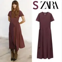 新品 ZARA サイドリボン付 ロングワンピース S バーガンディ ラスト1点♪