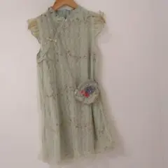最終❣ チャイナドレス風 160 花刺繍レースメッシュオーガンジー 薄緑 お祭り