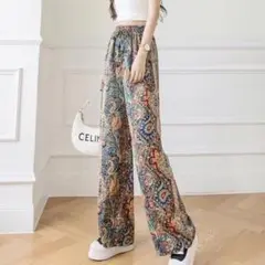 ワイドパンツ　テロテロパンツ　レディース　サラテロ　サテン　柄　日除け　おしゃれ