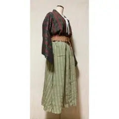 展示品　◇着物リメイク◇  ドッキングワンピース　若草色　ストライプ　ベルト付き