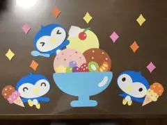壁面飾り　7月8月　アイスクリーム　ペンギン　フルーツ　パフェ　夏の壁面　窓飾り