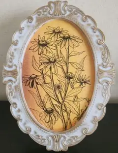 #1583　楕円形フレーム入り「夏の花」ペン画、花の絵、原画