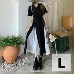 チャイナ風 ロング ワンピース シフォン 切り替え 襟つき