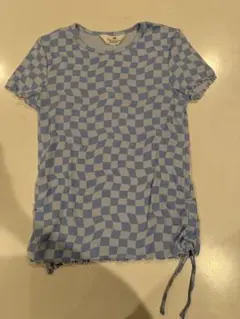 H&M水色チェック柄ドローストリングTシャツ