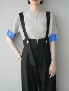 リュミエ　配色プリーツハーフスリーブトップス