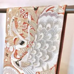 映える華やか孔雀柄袋帯 正絹朱色 金銀刺繍晴れの日着物衣装オレンジ赤白可愛い鳥柄