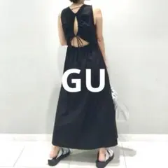GU リネンブレンドバックオープンワンピース ブラック M バックリボン