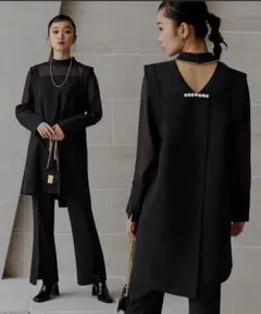 ルイルエブティック バックパールデザイントップス×フレアスリットパンツ ネイビー