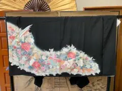 正絹 一越縮緬 ローサイ友禅染 黒地に刺繍鳳凰花柄 比翼正絹 黒留袖 袷 着物