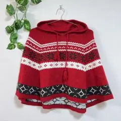 【フォッジア】 ポンチョ (M) 赤 レッド ニット 柄 冬 かわいい