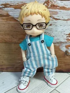 Tシャツとポケット付きオーバーオールセット☆水色ストライプ☆ねんどろいどどーる服
