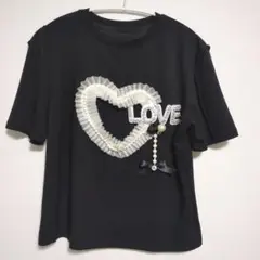 チュールハート＆パールビジュー　リボン付きデザインTシャツ　ブラック