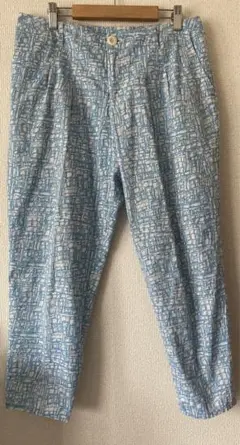 夏物値下 即決OK⭐︎柄パンツ L相当 足首出る長さ 綿100 水色✖︎白 着痩せ