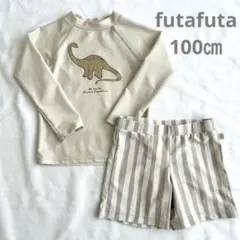 futfuta男の子水着長袖ラッシュガード上下恐竜＆ストライプ100㎝ベージュ